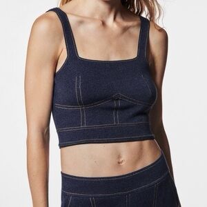 New Zara women’s navy denim soft ribbed knit cropped top Sz. M summer Y2K resort